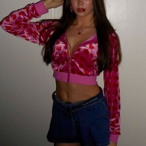 Pink and Red Velvet Cropped Jacket